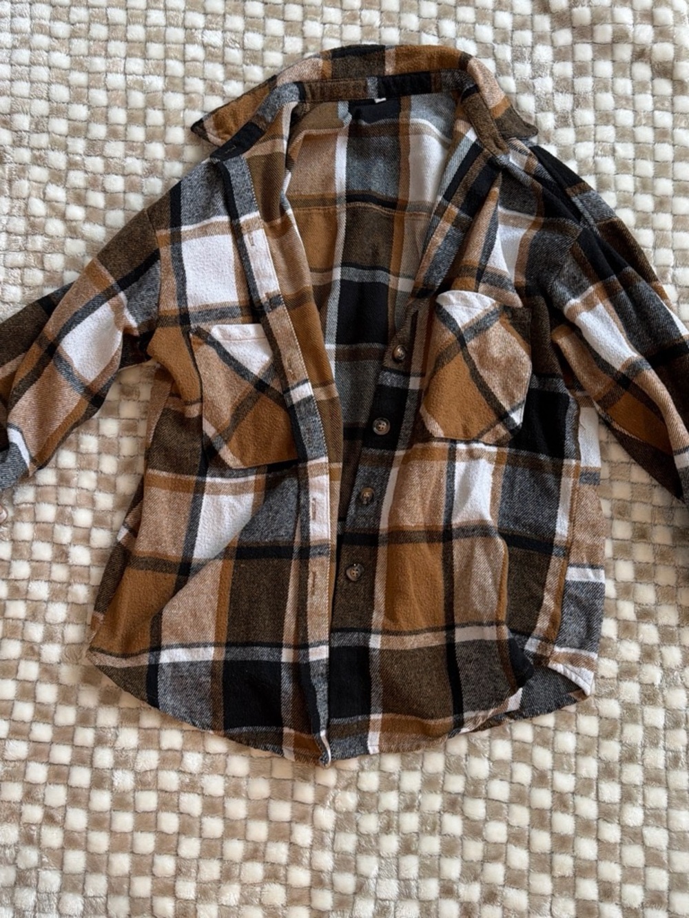 Womens Plaid Button-Up Shirt Jacket - Brown Black White